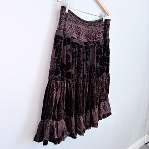 VTG Silk Skirt Tiered Velvet Burnout Boho Western Festival Brown Women's Large